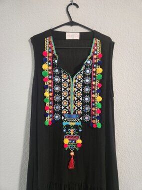Miss June Paris Sleeveless Embroidered Tassel Mirror Detail Dress Black